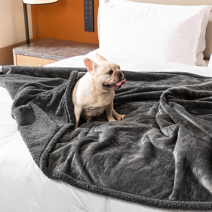 Waterproof Dog Blanket Reversible Pet Puppy Blankets for Couch Sofa Bed Covers Leakproof Warm Fluffy Cat Cover Washable Gray Mat-L-65x57in - Image 3