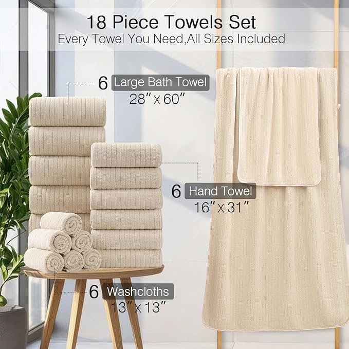 18 Piece Family Bath Towel Set Include 6 Bath Towels,6 Hand Towels and 6 Washcloths Soft Bathroom Towel with Hanging Loops,Highly Absorbent Quick Dry Towels Set for Bathroom,Hotel and Spa-Beige - Image 3
