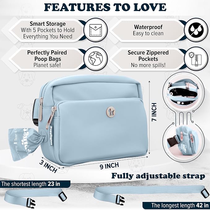 Puppington 3-in-1 Crossbody Dog Walking Bag & Treat Pouch with Matching Planet Safe Poop Bags & Built-In Dispenser - Dog Mom Gift for Puppy Training with Zippered Pockets (Ice Blue) - Image 6