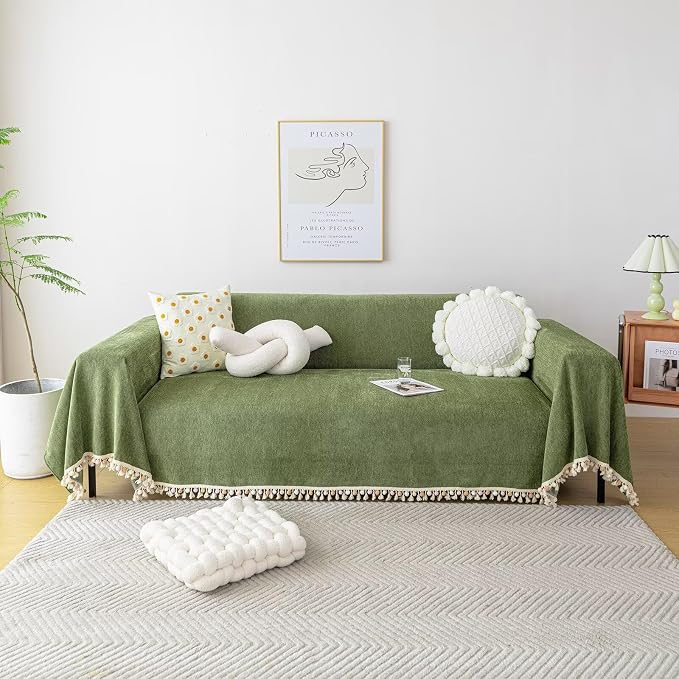 VClife Boho Couch Cover Non Slip Pet Friendly Chenille Sofa Covers, Dog Couch Cover for 2 Cushion Couch Sofa Breathable Wear Resistant Furniture Couch Protector with Tassel Ball, Green, 71"x118" - Image 2