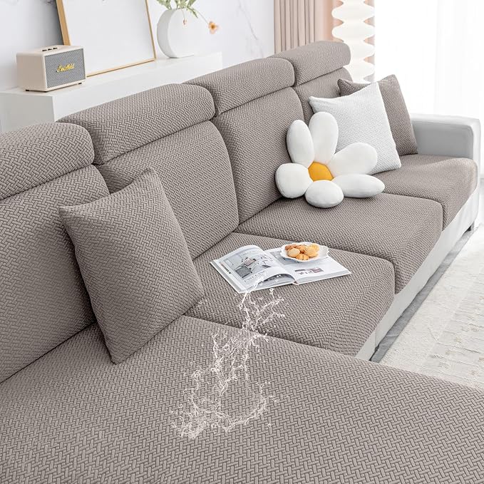 Smiry Waterproof Couch Cushion Covers, Non Slip Seat Cushion Covers | Stretch Jacquard Sectional Sofa Slipcover, Washable Elastic Furniture Protector for Pets, Kid, Large, Taupe by Smiry