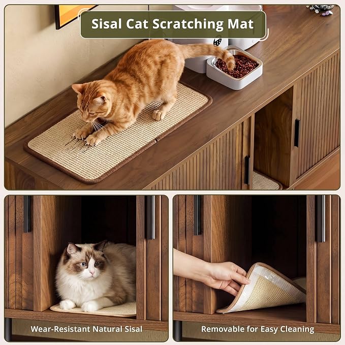 IRONCK 60" Double Cat Litter Box Enclosure with Power Outlet | Sliding tambour door. Built-in power outlet. 60" TV stand top. Walnut finish with 4.3" raised base. - Image 5