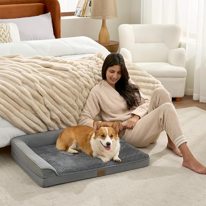 COZY KISS Orthopedic Dog Bed for Large Medium Size Dog, Dogs Crate Bed, L Shaped Foam Anti-Slip Bottom Pet Cat Sofa with Washable Removable Cover, Suitable for Pet Up to 75 lbs, 36x27x6.5 inch, Grey - Image 3
