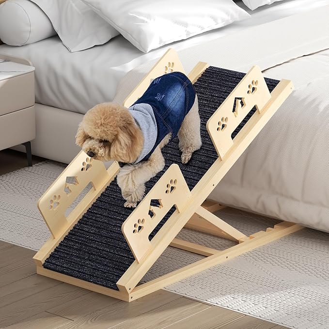 Dog Ramp for Bed 4 Adjustable from 13.8"-22.8" Portable Dog Steps Folding Ramp for Dogs to Get On Bed Wooden Paw Ramps with Anti-Slip Grip & Safety Rails Dog Stairs for High Beds Car Couch