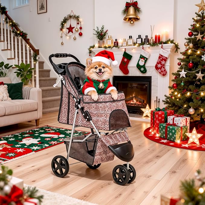 MoNiBloom 3 Wheels Pet Dog Cat Stroller for Small Medium Dogs Cats, Lightweight Foldable Jogger Stroller w/Storage Basket & Cup Holder, Leopard Print