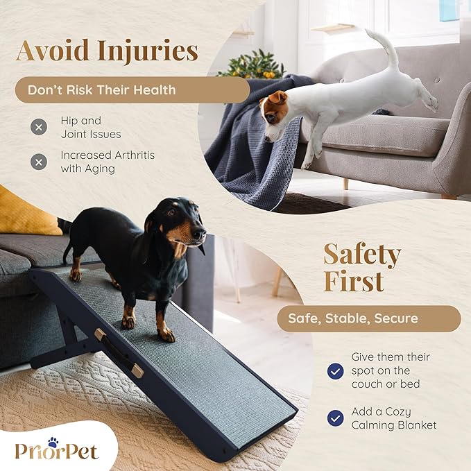 Dog ramp for Couch – Non-Slip, Sturdy Build Foldable Dog ramp – Supports up to 200lbs – Adjustable 7'' to 20'' – Landing Platform Seamlessly Connects – Birchwood Pet Ramp for Small Dogs – Blue