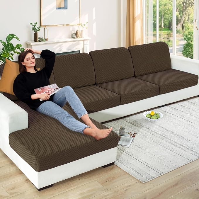 【Clearance】 Stretch Individual Cushion Covers Large Sofa Seat Cushion Slipcovers Soft Couch Cover Replacement Large Checkered Furniture Protector with Elastic Bottom (3 Pcs XL Cushion, Dark Coffee) by YEMYHOM