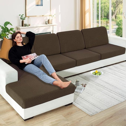 YEMYHOM Stretch Individual Cushion Covers Sofa Seat Cushion Slipcovers Soft Couch Cover Replacement Large Checkered Furniture Protector with Elastic Bottom (3 Pc Cushion Cover, Dark Coffee) by YEMYHOM