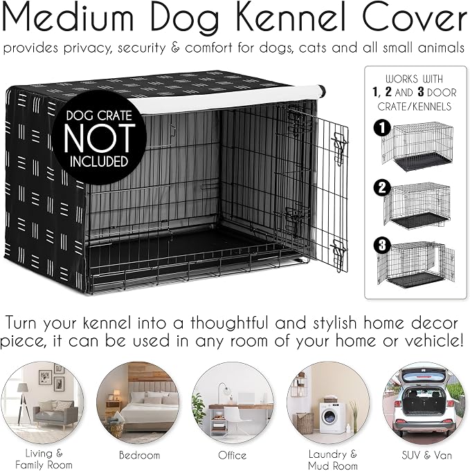 Sweet Jojo Designs 36in. Medium Dog Crate Cover (Black and White Boho) Pet Cage, Kennel Covers (Mudcloth, Black & White, Bohemian, Modern, Minimalist, Southwest, Mud Cloth, Hatch, Neutral Triple Line) - Image 4