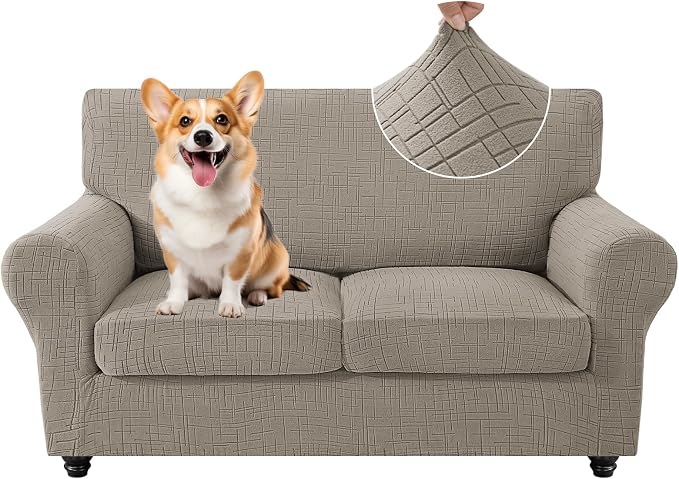 CYCMCAO 3 Piece Stretch Sofa Cover Couch Covers for 2 Cushion Couch, Loveseat Covers Stay in Place, Sofa Covers Washable with Elastic Bottom for Dogs (Khaki), 71"-91" (2 Cushion Sofa) by CYCMACOHOME