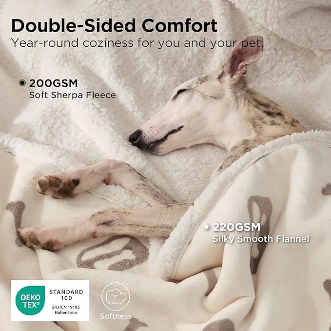 Bedsure Waterproof Dog Blankets for Large Dogs - 50"x60", Beige | Soft Print Sherpa Fleece Pet Cat Blanket Washable for Couch Bed Protection, Cozy Plush Reversible Throw Furniture Protector - Image 2