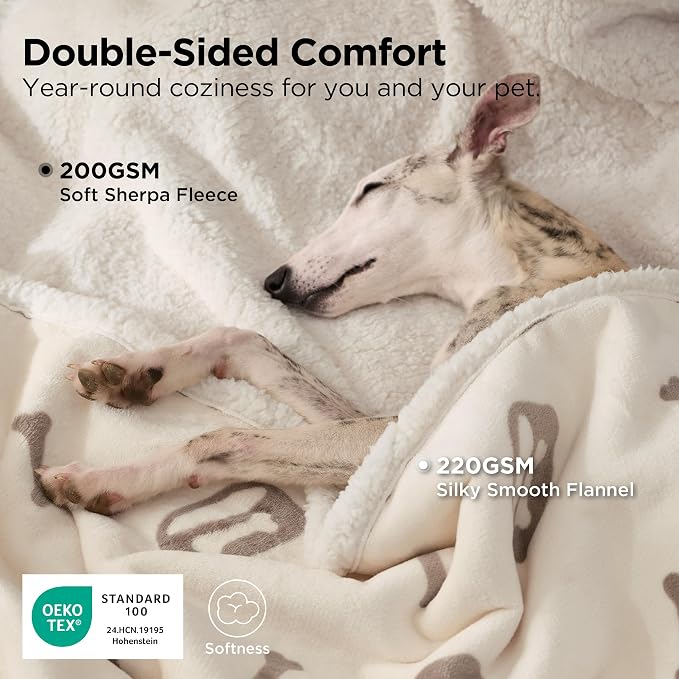Bedsure Waterproof Dog Blankets for Medium Dogs Washable - 30"X40", Beige | Soft Print Sherpa Fleece Puppy Cat Blanket, Cozy Plush Reversible Throw Furniture Protector for Pet Kitten Doggy - Image 2