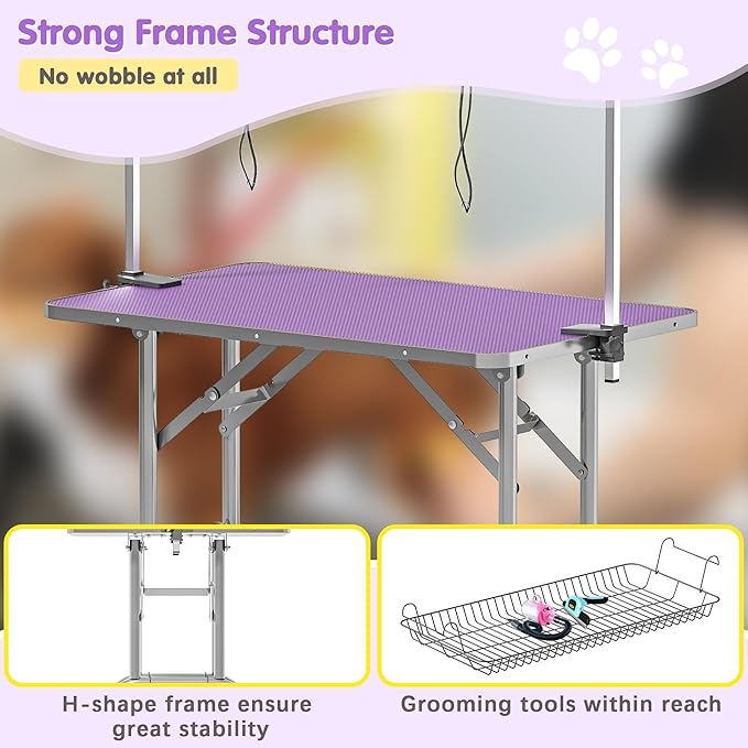 Lyromix 46'' Stainless Steel Pet Dog Grooming Table, Arm/Noose/Tray, Purple | Foldable Dog Grooming Table for Dogs at Home, Adjustable Height Arm, Non-Slip Waterproof Tabletop, Capacity 330Lb - Image 5