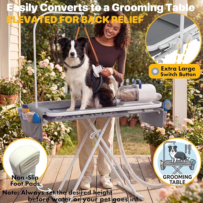 PAWZIDEA 2-in-1 Dog Bath Tub & Grooming Table 43" for Medium to Large Dogs | 5 Height Adjustable Elevated Dog Bathtub, Foldable Washing Station w/ Grooming Arm &1.8" Fast Drain, up 150lb,Indoor Outdoor - Image 4
