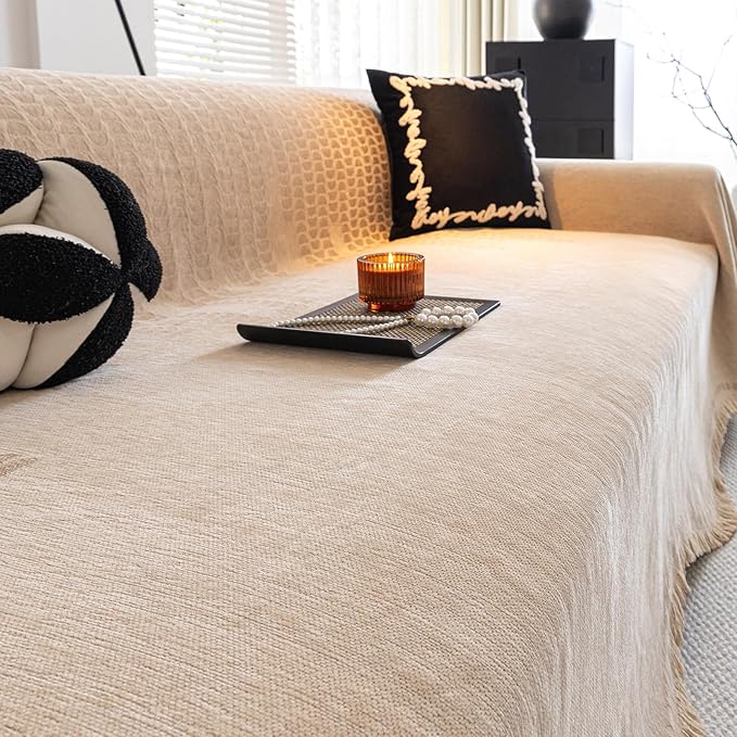 ROOMLIFE Couch Cover Sofa Covers, Chenille Couches Covers for 3 Cushion Sofas, Non Slip Soft Breathable Sofa Slipcovers for Pet, Washable Furniture Protector with Tassel,71''X134” Khaki by ROOMLIFE