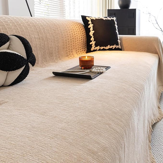 ROOMLIFE Couch Cover Sofa Covers, Chenille Couches Covers for 3 Cushion Sofas, Non Slip Soft Breathable Sofa Slipcovers for Pet, Washable Furniture Protector with Tassel,71''X134” Khaki by ROOMLIFE