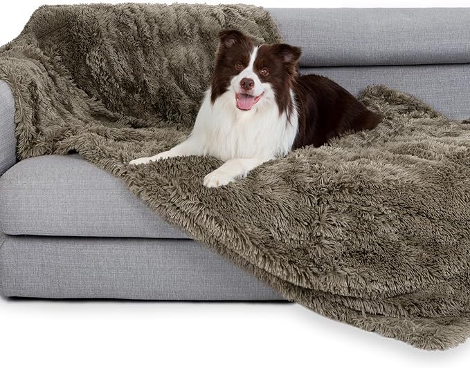 gogobunny Waterproof Dog Blanket for Couch & Furniture Protection - Super Soft Reversible Throw for Large Dogs & Cats, Calming Washable Fur & Sherpa Pet Blanket (33x77 Inch, Stone) by gogobunny
