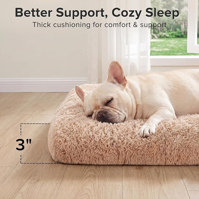 JOEJOY Dog Bed Crate Pad, Deluxe Plush Washable Dog Beds Fulffy Soft Kennel Pad Anti-Slip Pet Sleeping Mat for Medium Small Dogs, 29" x 21", Beige - Image 3