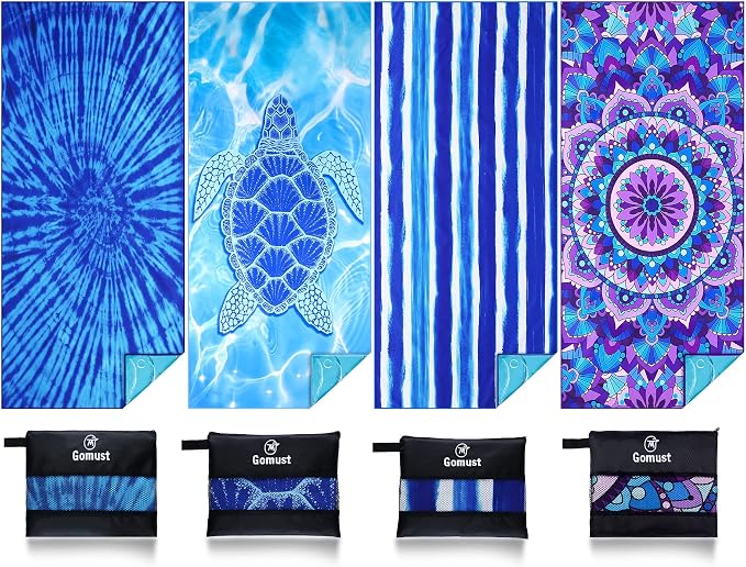 Microfiber Beach Towel Oversized 71x32 Multiple with Bag 4 Pack Bulk | Thin Lightweight Sand Free Absorbent Quick Dry Large for Travel Pool Swim Bath Cruise Sports Camping Essentials Adults Gifts by Gomust