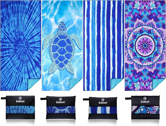 Microfiber Beach Towel Oversized 71x32 Multiple with Bag 4 Pack Bulk | Thin Lightweight Sand Free Absorbent Quick Dry Large for Travel Pool Swim Bath Cruise Sports Camping Essentials Adults Gifts by Gomust