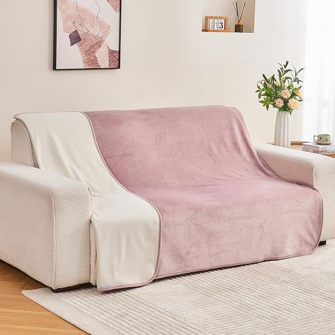 Waterproof Blanket 80"x90" for Adults, Reversible Waterproof Bed Cover for Dogs Cats Pets, Soft Leakproof Blanket for Bed Couch Sofa Furniture Protector, Dusty Pink/Off White - Image 7