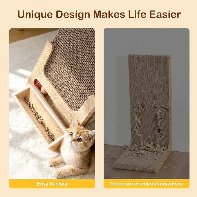 Lulu's World Cardboard Cat Scratcher with Wooden Stand, Freestanding Vertical Cat Scratching Board with Replaceable Double-Sided Scratch Pad, Ball Toy and Debris Tray for Indoor Cats,Long-termism - Image 4