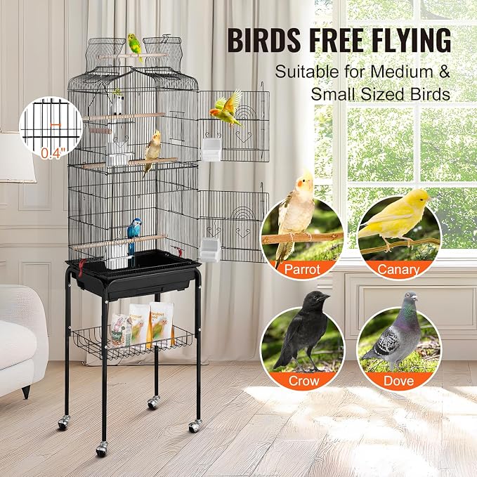 VEVOR 64-inch Open Top Large Parrot Bird Cage with Detachable Rolling Stand for Parakeets Finches Canaries Lovebirds Cockatiels Budgies Small Quaker Conures Flight Birdcage with Swing and Perch - Image 3