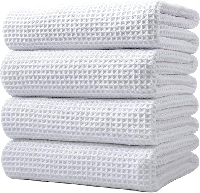 POLYTE 430 GSM Microfiber Oversize Quick Dry Lint Free Bath Towel, 60 x 30 in, 4 Pack (Waffle Weave) by Polyte