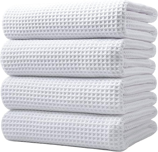 POLYTE 430 GSM Microfiber Oversize Quick Dry Lint Free Bath Towel, 60 x 30 in, 4 Pack (Waffle Weave) by Polyte
