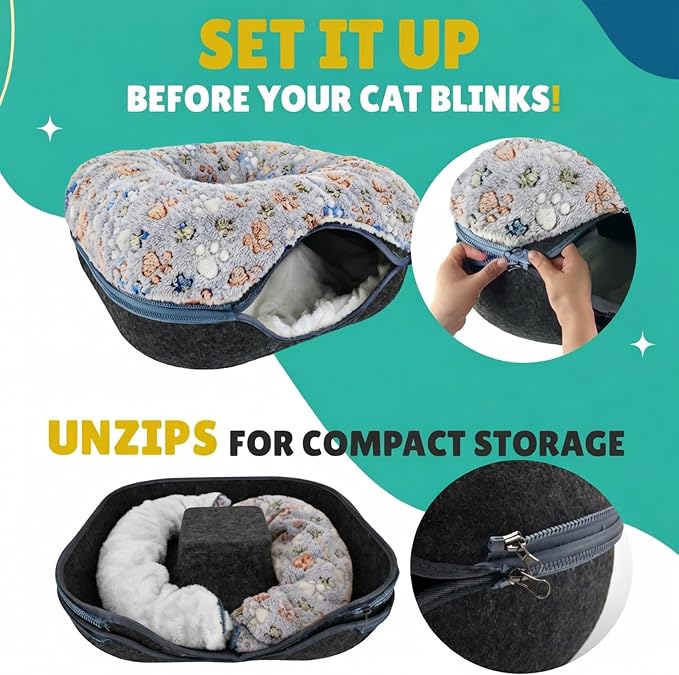 RINGTAIL Peekaboo Cat Cave Donut for Multiple & Large Cats Up to 30-45 lb, 3-in-1 Self Warming Cat Bed Tunnel with 2 Soft Fluffy Fleece Pet Blankets, Scratch, Detachable & Washable (Dark Gray, Large) - Image 5