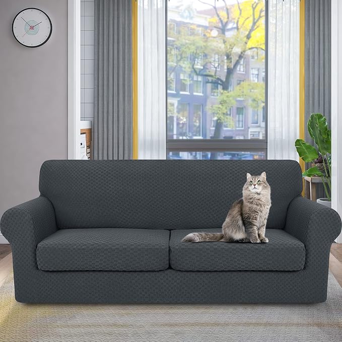 YEMYHOM Latest Checkered 3 Pieces Couch Covers for 2 Cushion Couch High Stretch Sofa Cover with 2 Extra Large Seat Cushion Covers Anti Slip Elastic Slipcovers (Dark Gray), 71"-91"(2 Cushions) - Image 8