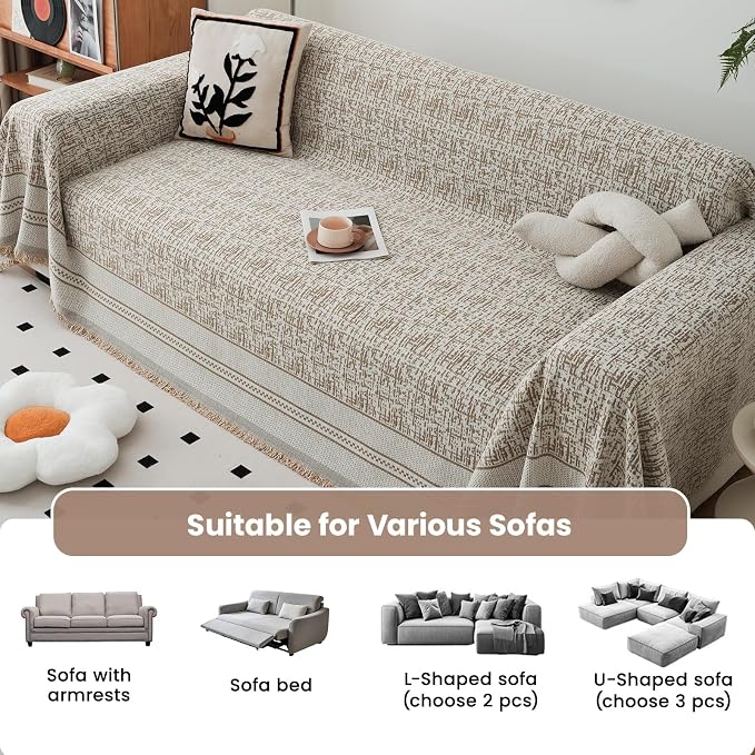 Khaki 71"x118" Waterproof Sectional Sofa Cover Boho Couch Protector for Pet | Anti Scratch Furniture Protector Pet Friendly Washable Soft Thick Chenille Couch Slipcover for 2-3 cushion, Sectional Sofa - Image 7