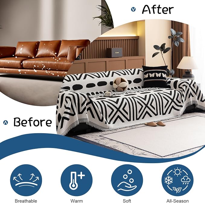 VClife Bohemian Couch Cover Western Aztec Sofa Cover for 3-4 Cushion Couch Sofa Washable Chenille Sofa Slipcover Boho Non Slip White Black Geometric Couch Slip Cover for Sectional Sofa 71''x150'' - Image 4