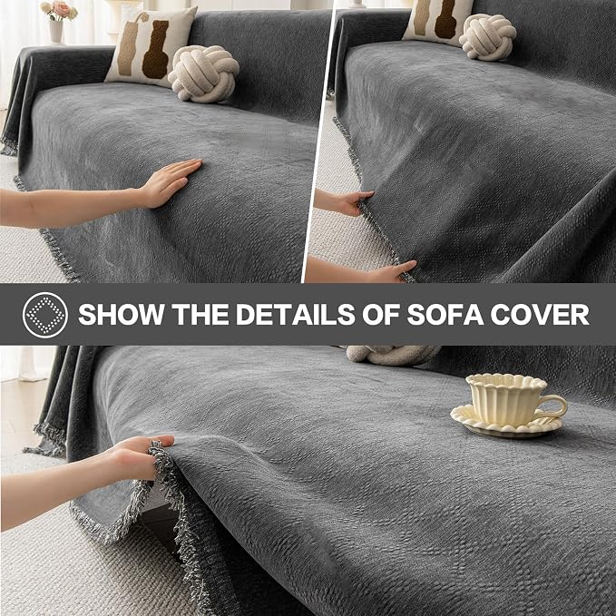 DREAMINGO Modern Chenille Couch Cover Blanket Washable Sofa Covers for 2 Cushion Couch Diamond Weave Textured Furniture Protector for Dogs Soft Dark Grey Couch Throw Cover, Large 71"x118" - Image 4