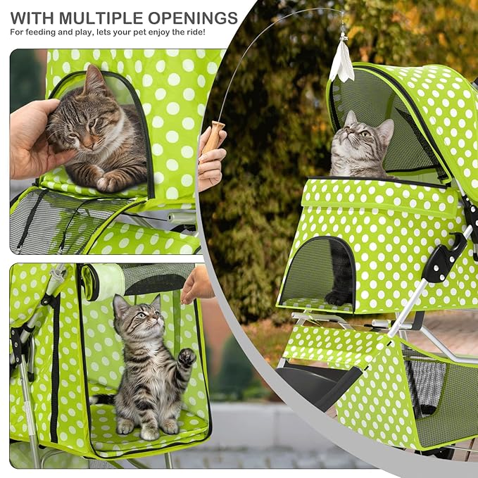 MoNiBloom 3 Wheels Pet Dog Cat Stroller for Small Medium Dogs Cats, Foldable Jogger Stroller w/Storage Basket and Cup Holder, Lawn Green Polka Dots