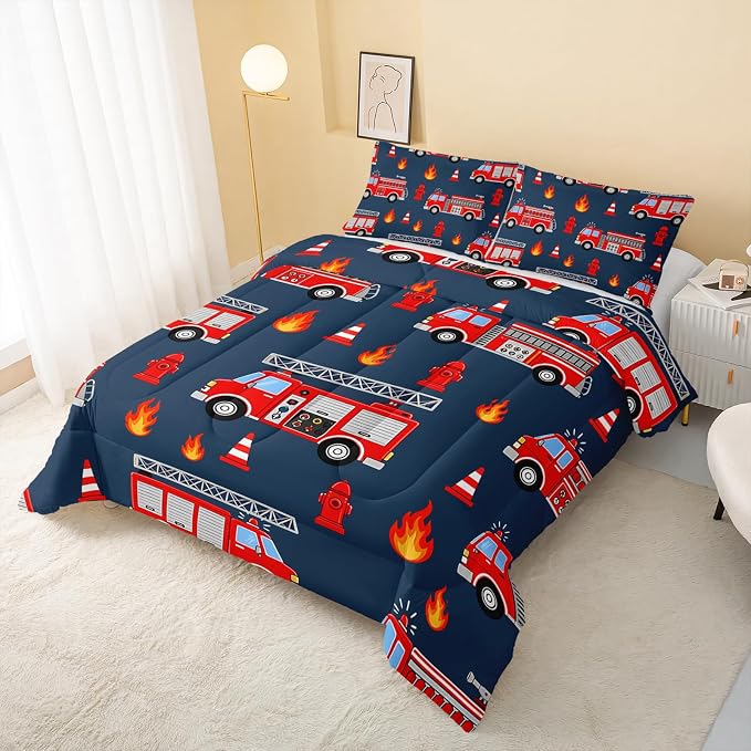 QOOMO Fire Truck Comforter King Size,Truck Kids Comforter Set,3Pcs Bedding Set Printed Comforter with 2 Pillowcases,Down Alternative,Soft and Lightweight,for All Seasons - Image 3