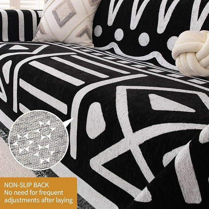 Deep Dream Boho Couch Cover, Non Slip Soft Chenille Couch Covers for 2-3 Cushion Couch, Thick Sofa Slipcover Sofa Cover Washable Couch Protectors for Dogs (Black, 71"x150") - Image 2