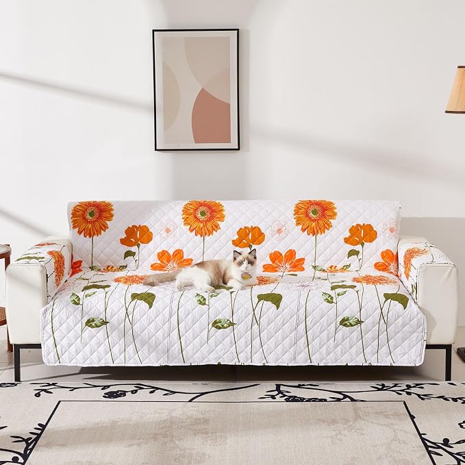 EVENHUG Sofa Cover for 3 Cushion Couch Sunflower Sofa Slipcover Washable 3 seat Couch Cover Furniture Protector Cover with Elastic Straps for Pets Kids Dog Cat (Sofa,Orange) by EVENHUG