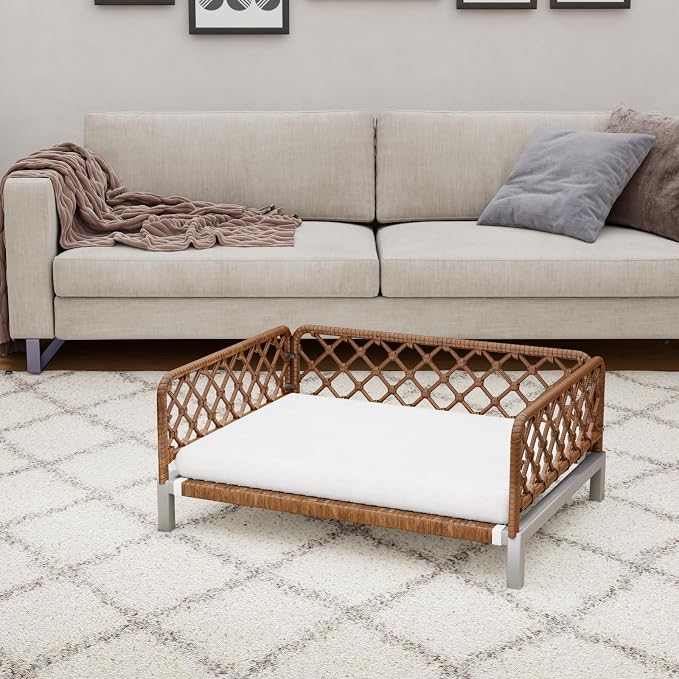Dog Bed with Egg Crate Foam Support, Brown PE Wicker Orthopedic Pet Couch Bed with Washable Removable White Cushion, Outdoor Dog Sofa Bed for Medium, Small Dogs - Image 5