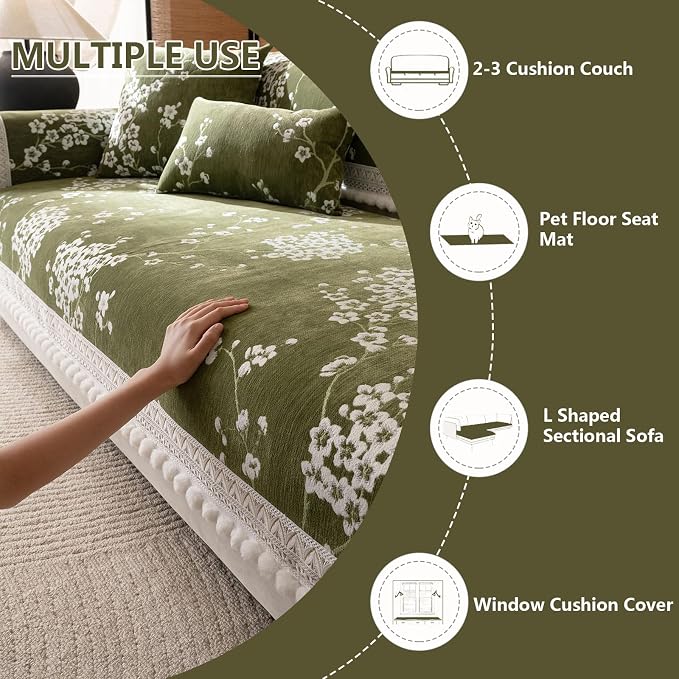 DREAMINGO Green Floral Couch Cover Vintage Jacquard Pet Sofa Cover Non Slip Chenille Couch Protector Living Room Washable Sectional Furniture Slipcovers for 3 Seat Sofa, 35.4"x82.7" - Image 6