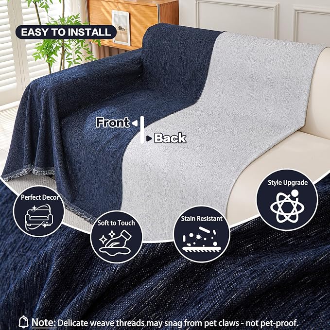 DREAMINGO Sofa Covers Washable Thick Chenille Couch Cover for 3 Cushion Couch Sofa Multi-Use Couch Cover Blanket Modern Pet Furniture Protector Sectional Couch Slipcover 91"x150", Navy Blue - Image 3