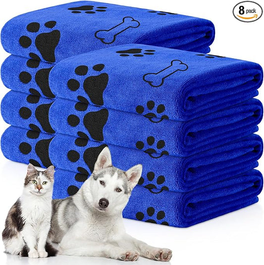 Chumia 8 Pcs Microfiber Dog Towels for Drying Dogs Cats 40 x 24 Inch Pet Towels Bulk for Large Puppy Absorbent Fast Drying Paw Bath Bathing Supplies for Pets(Dog Paw and Bone,Dark Blue) by Chumia