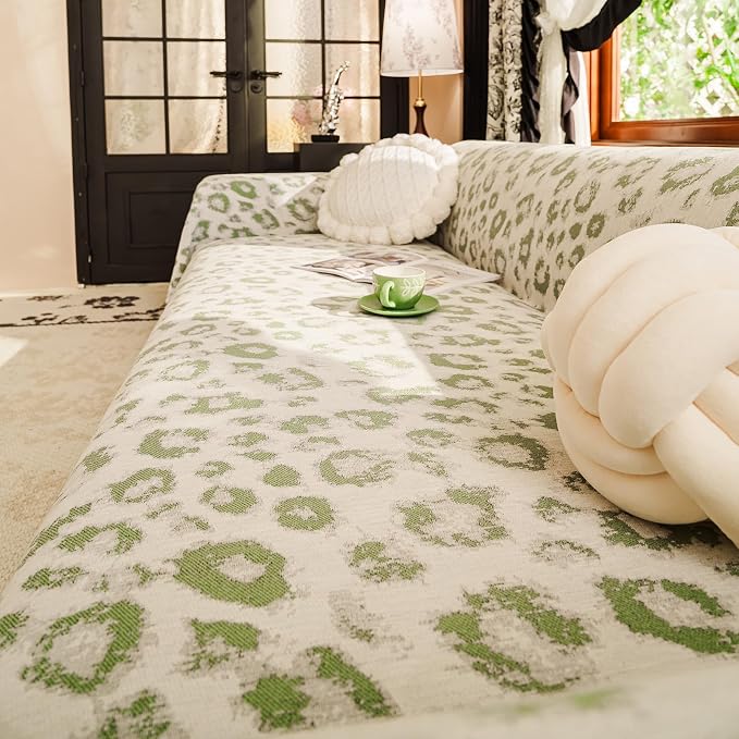VClife Bohemian Sofa Cover, Cute Animal Leopard Jacquard Fabric Couch Covers for Sectional Sofa, 1 Piece Extra Large Sofa Protector Home Decor Aesthetic Sofa Slipcover for Dog, Green, 71''x134'' - Image 7