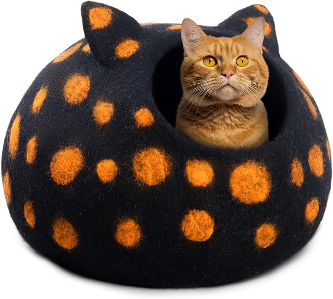 Wool Cat Cave Bed - Extra Warm, Handcrafted, Eco-Friendly Felt Cat Cave for Indoor Cats and Kittens (White Polka) by Woolygon (Black Polka) by Woolygon