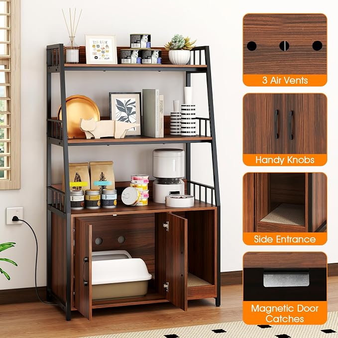 PETSITE Cat Litter Box Enclosure with Storage Shelves, 52 Inches Tall Hidden Litter Box with Charging Station, Scratching Board, and Winding Entry (Walnut) - Image 8