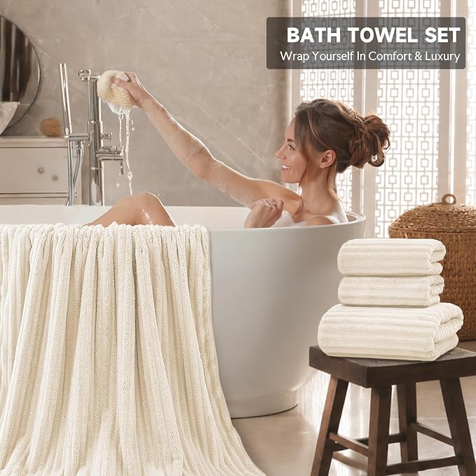 Extra Large Bath Towel Set 10 Piece, XL Bath Towels 35"x67" Oversized Bath Sheets, 280 GSM Microfiber Quick Dry Absorbent Towels, 5 Bath Sheets & 5 Hand Towels (Cream) - Image 3