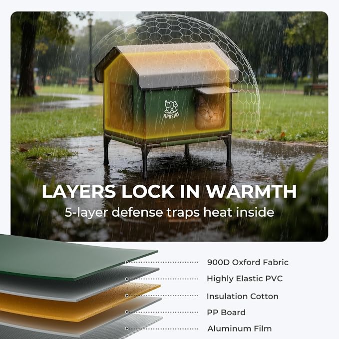 Heated Cat House Weatherproof - Insulated Outdoor Cat Shelter with Thermostatic Heating Pad, Water Resistant 900D Oxford Feral Cat House with Anti-Peep Curtains Escape Door for Winter, Medium - Image 3