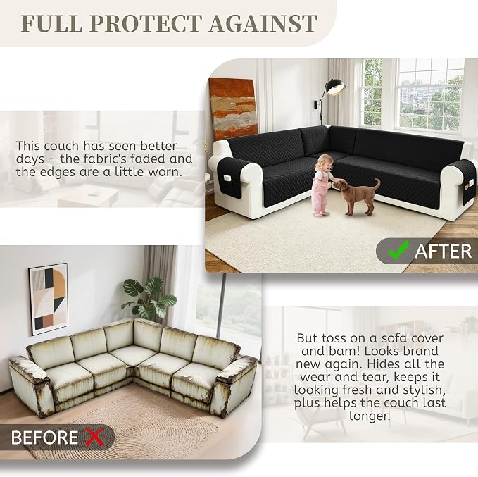 Sectional Couch Covers for Dogs 100% Waterproof Corner L Shaped Sofa Cover Pet Friendly Velvet Washable Anti Slip L Shape Modular Sofa Slipcover Protector with Pockets (Black, XL Plus) - Image 7