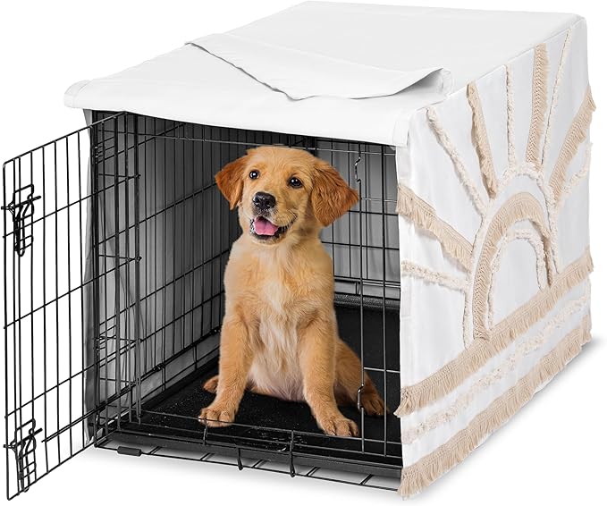 Sweet Jojo Designs 36in. Medium Dog Crate Cover (Boho Chic Sun) Pet Cage, Kennel Covers (Bohemian, Farmhouse, Southwestern, Elegant, Modern, Minimalist, Macrame, Tuft, Trim, Solid Ivory Cotton Fringe) by SweetJojoDesigns