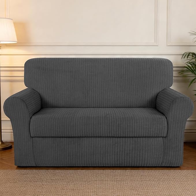 Loveseat Cover Stretching Skid Resistance Couch Cover for Pets Washable, Thick and Durable Soft High Spandex Striped Pattern Sofa Covers, Form Fitted Love Seat Slipcover(Loveseat, Dark Gray) - Image 7